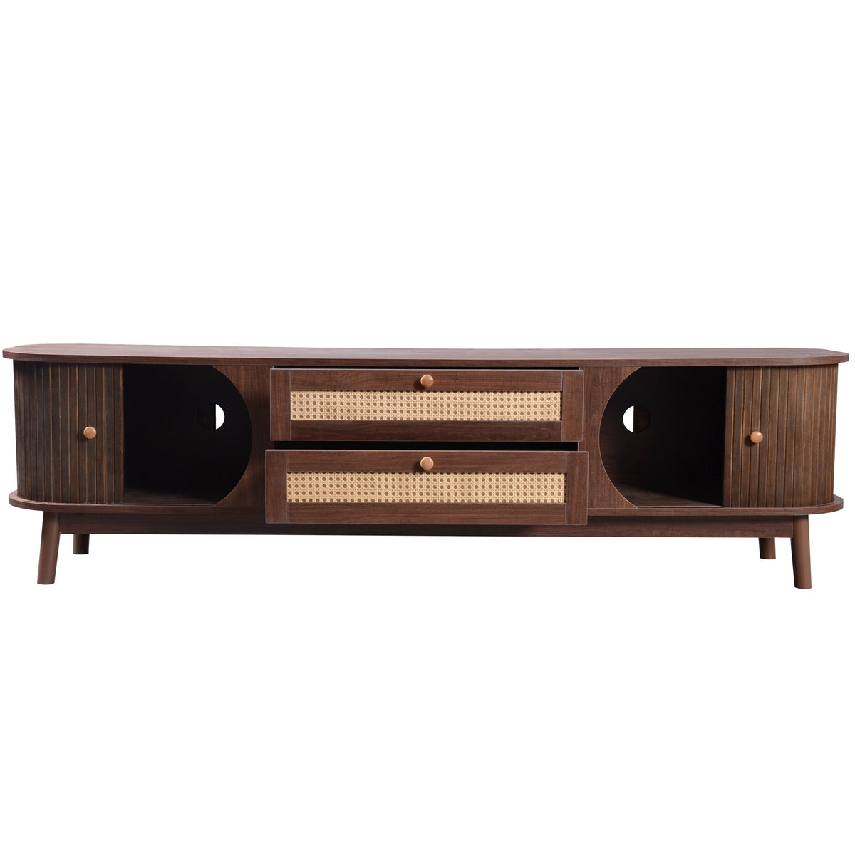 Modern farmhouse rattan TV stand in natural wood finish, holding a TV.