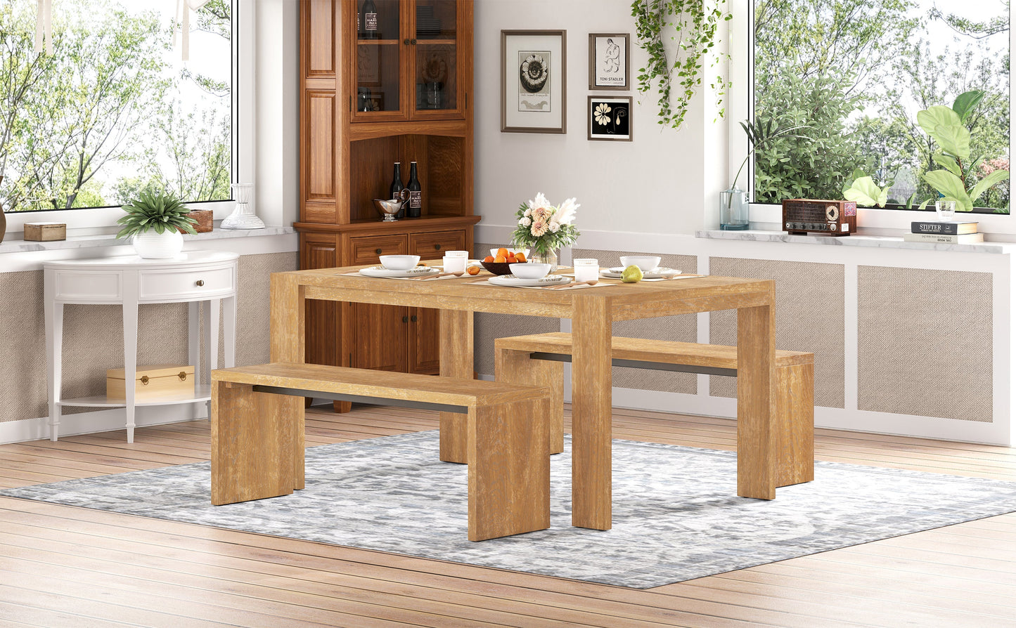 Farmhouse Style Simple Dining Set with Table and Benches