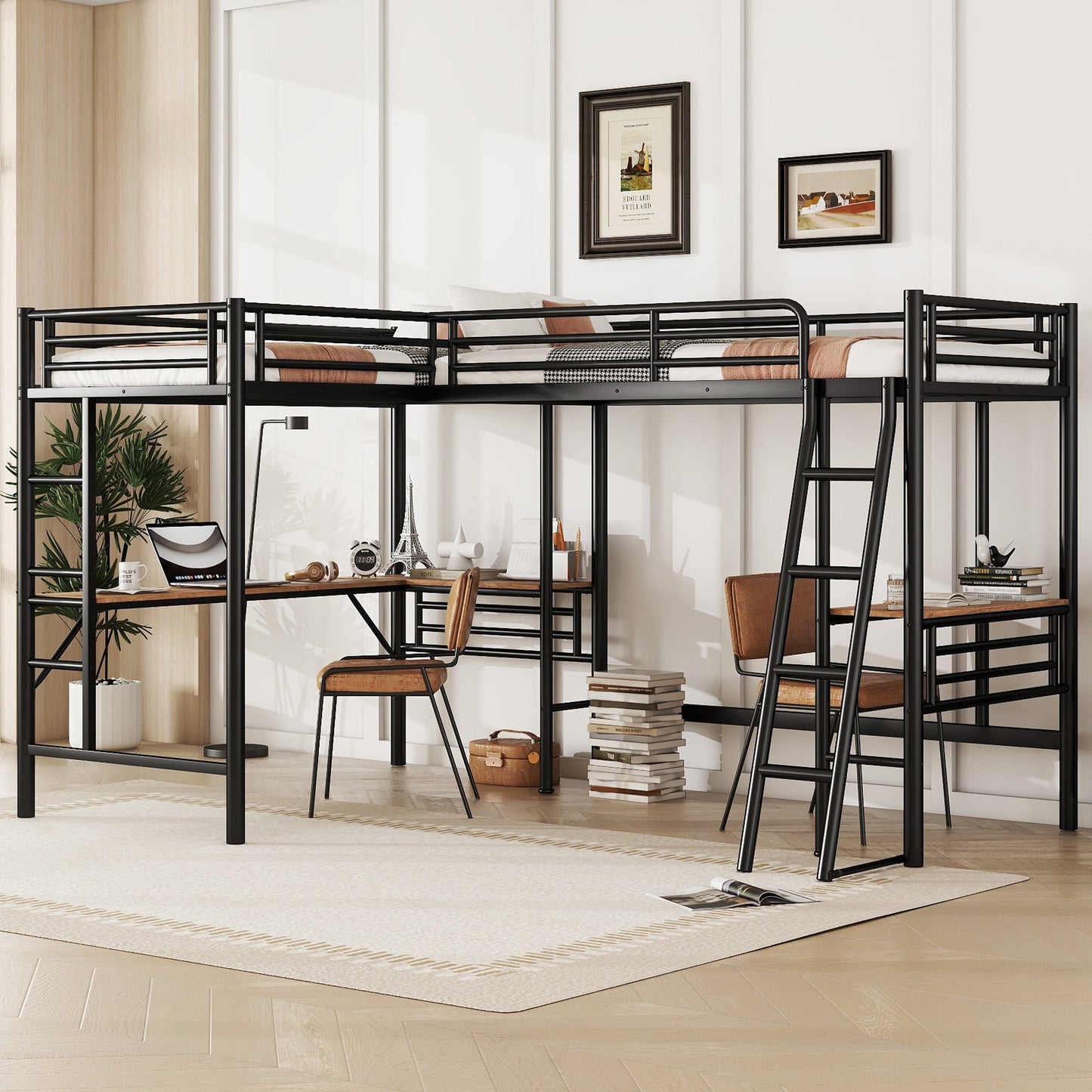 Twin Size Metal Loft Bed With Two Built-in Desks Black