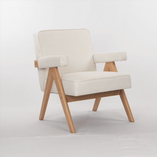 Elegant Beige Leisure Chair with Wooden Legs and Cushions for Living Room, Bedroom, or Study