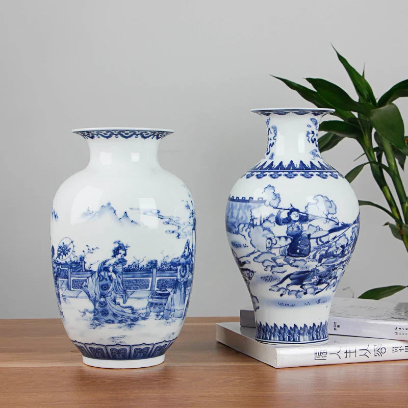 Antique blue and white Chinese ceramic vase with floral pattern.