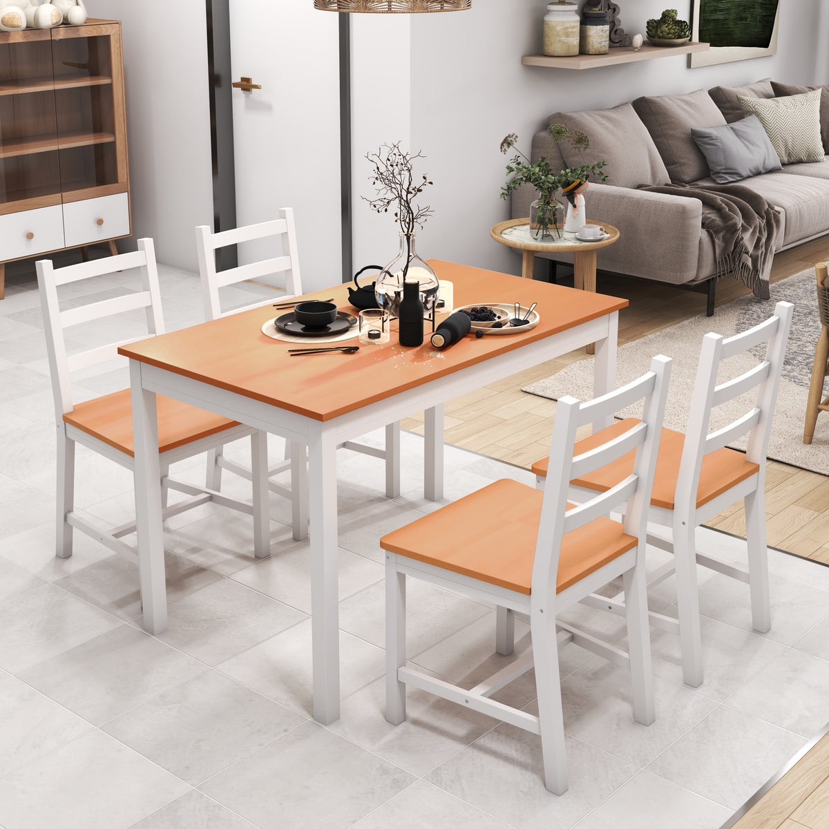 White solid wood dining set for four with modern table and chairs.