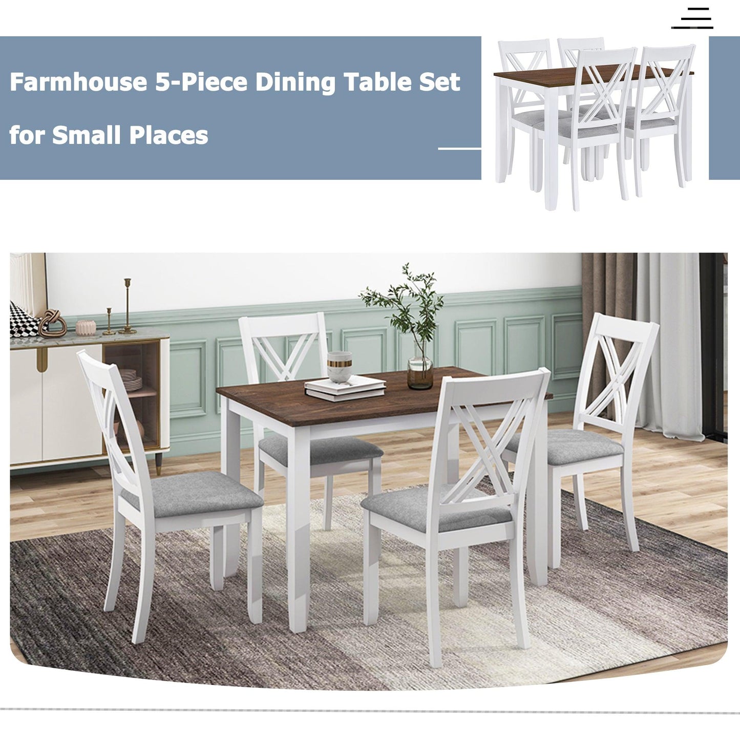 Rustic Minimalist Wood 5-Piece Dining Table Set White