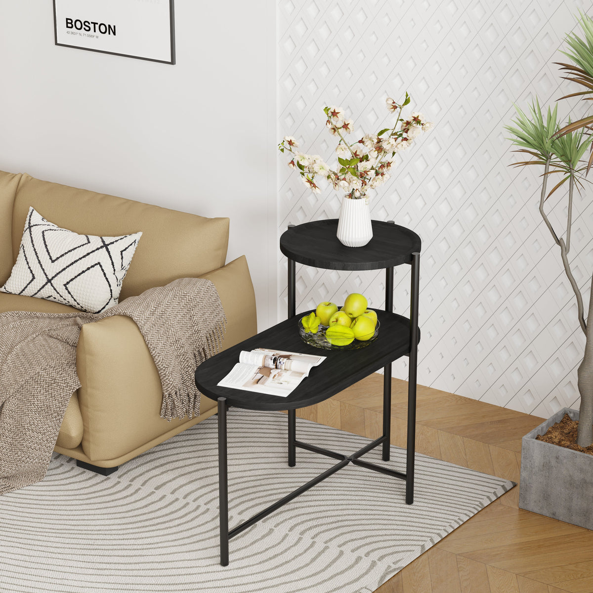 Two-tier round coffee table with built-in storage tray.