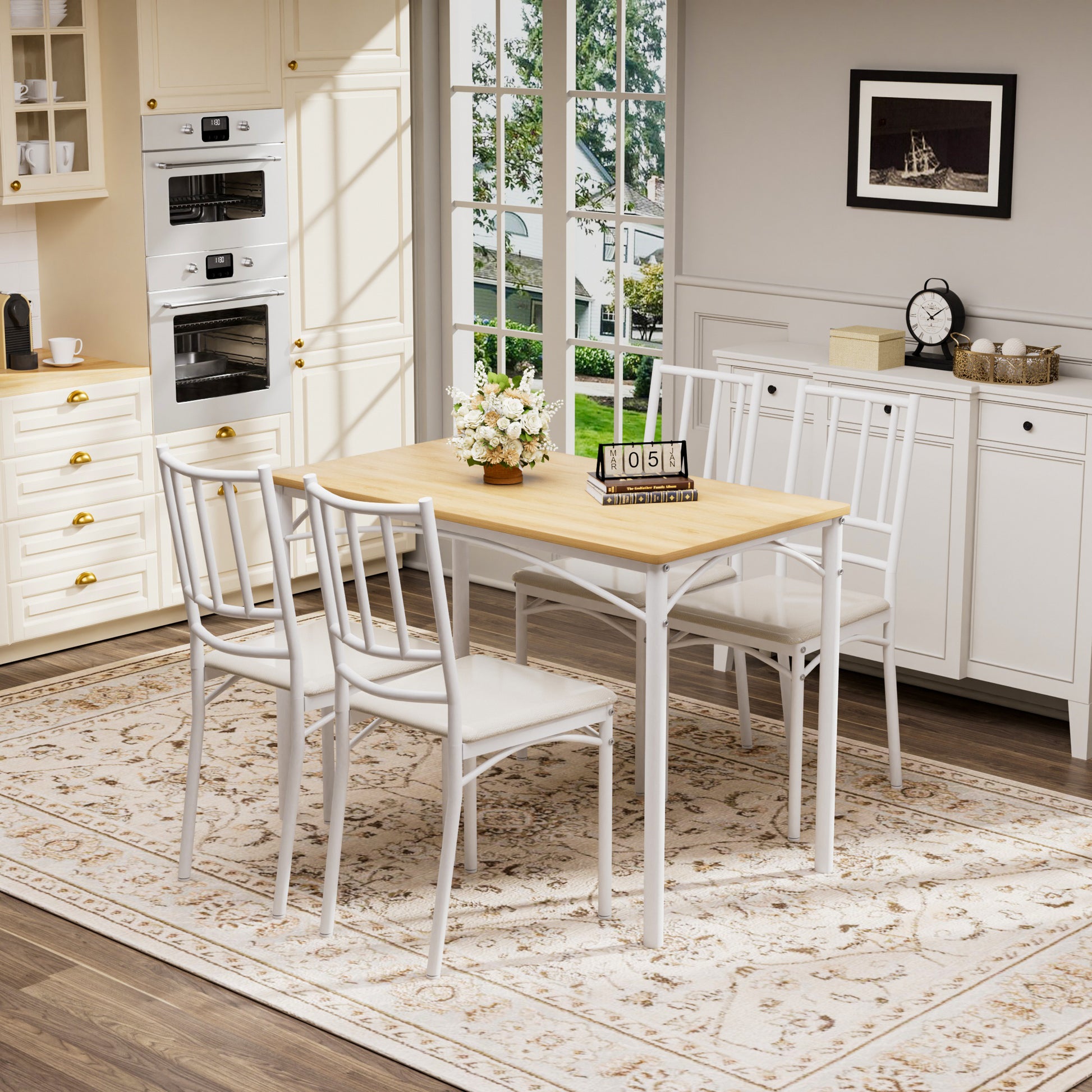 Industrial bar height dining table set with natural white finish and four benches.