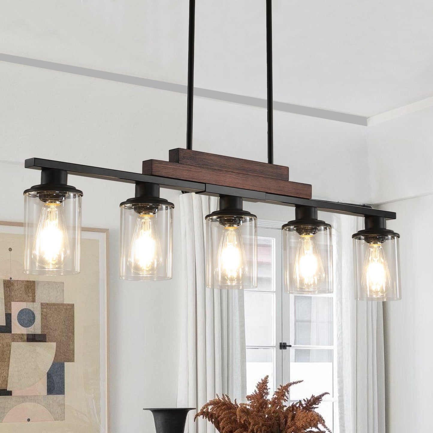 Adjustable 5-Light Farmhouse Industrial Pendant Chandelier with Clear Glass Shades for Kitchen and Dining Spaces