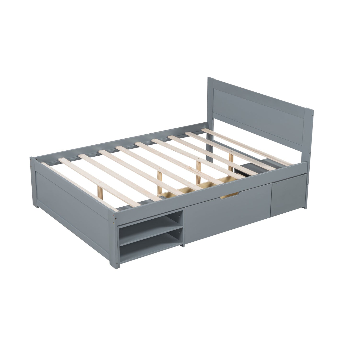 Full Size Platform Bed With Drawer And Two Shelves, Gray