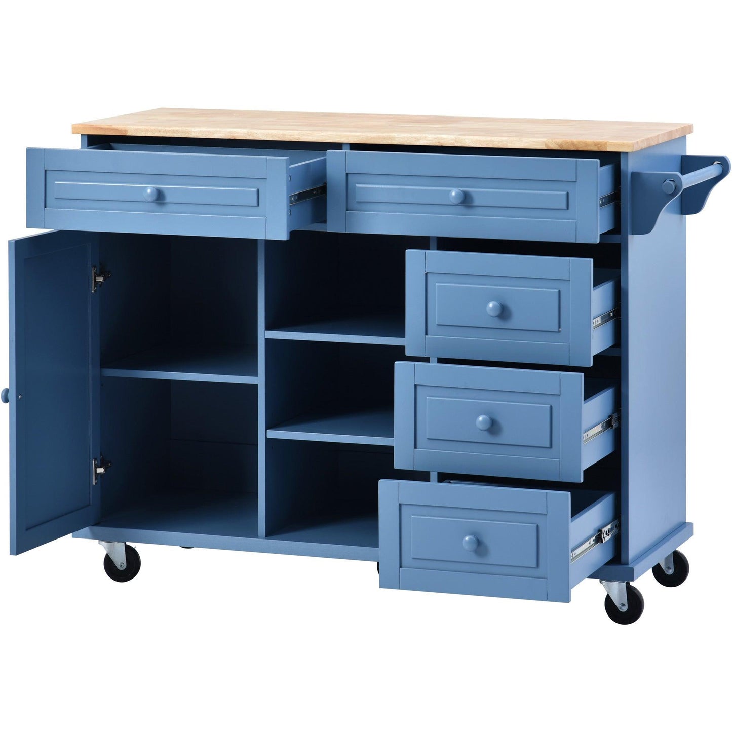 Blue Rolling Kitchen Island Cart with Rubber Wood Top and 5 Drawers for Storage - 53 Inch Length