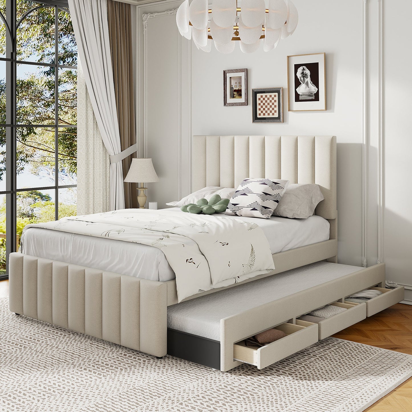 Full Size Upholstered Platform Bed with Trundle and Drawers