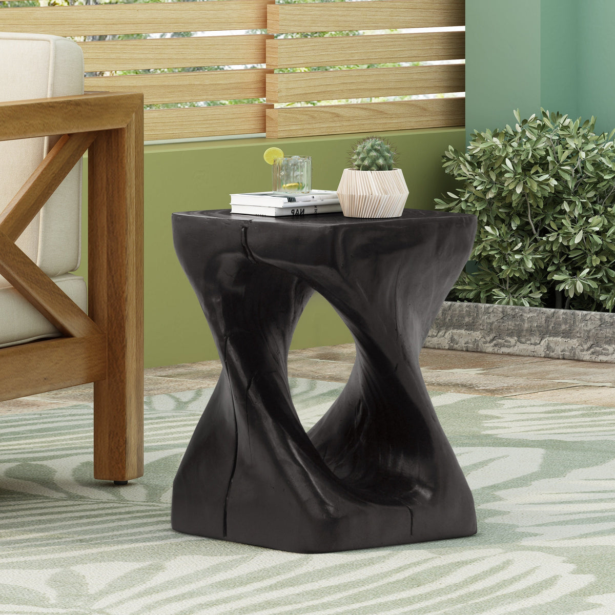 Black MGO twist side table with wood grain texture