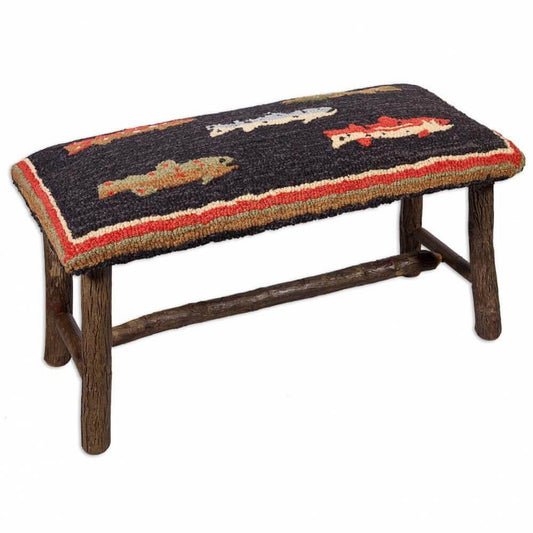 Rustic Fisherman's Hooked Wool Hickory Bench