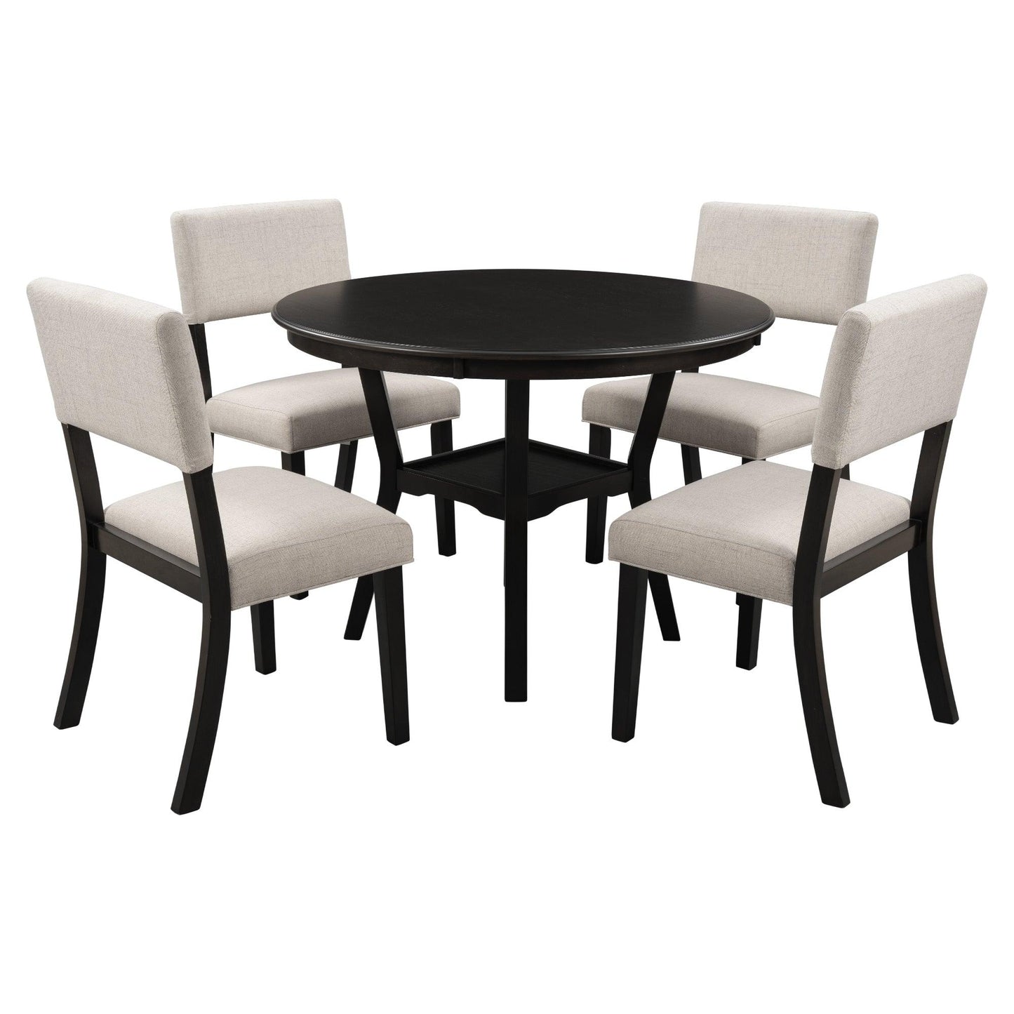 5-Piece Kitchen Dining Table Set Round Table with Bottom Shelf, 4 Upholstered Chairs for Dining Room Espresso