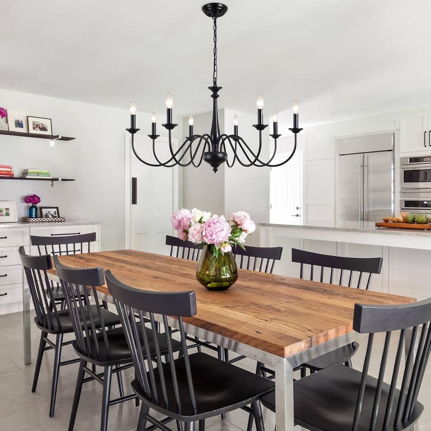 Adjustable Height Black Farmhouse Chandelier With Eight Lights For Dining Room