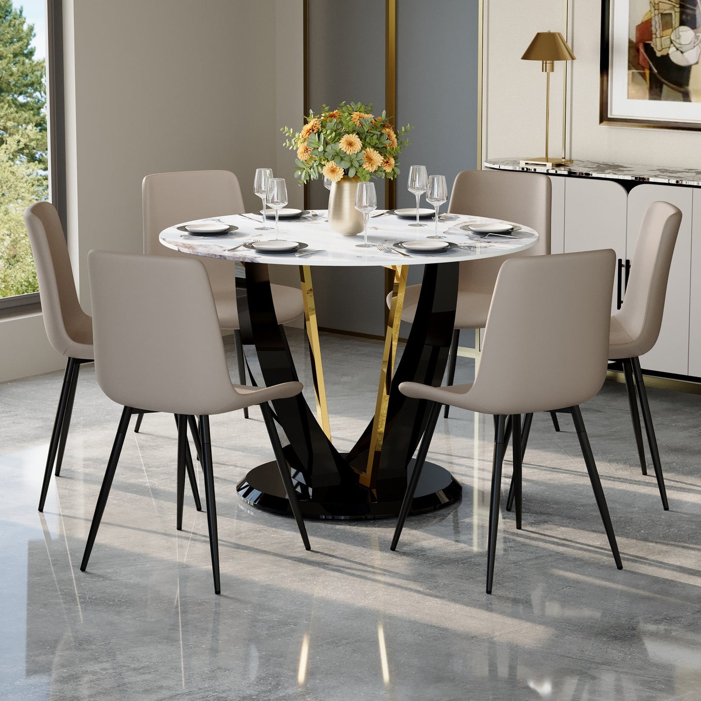 Table And Chair Set 42 Inch Round Tempered Glass Dining Table