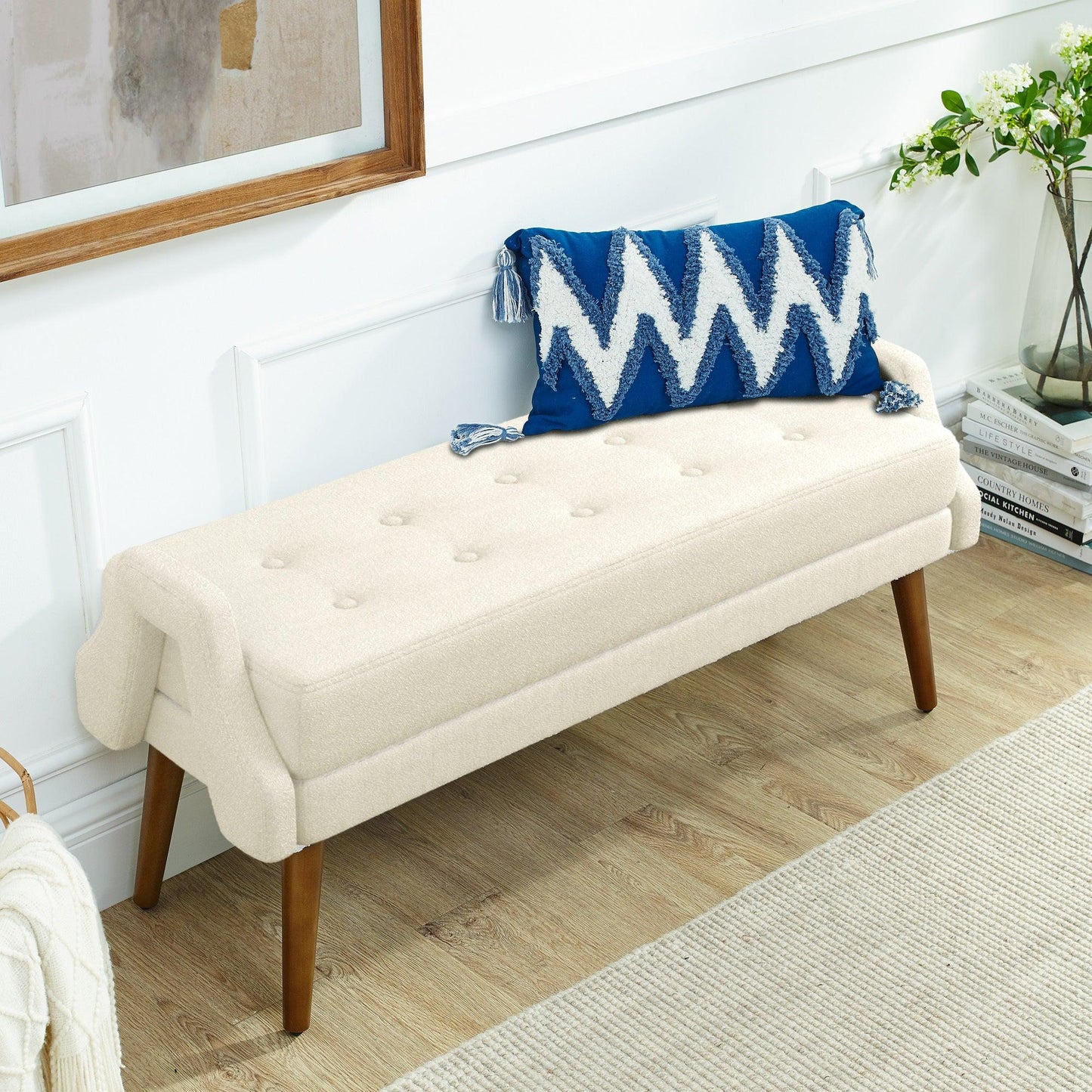 Contemporary Beige Yarn Fabric Bench with Soft Cushion and Unique Geometric Armrests