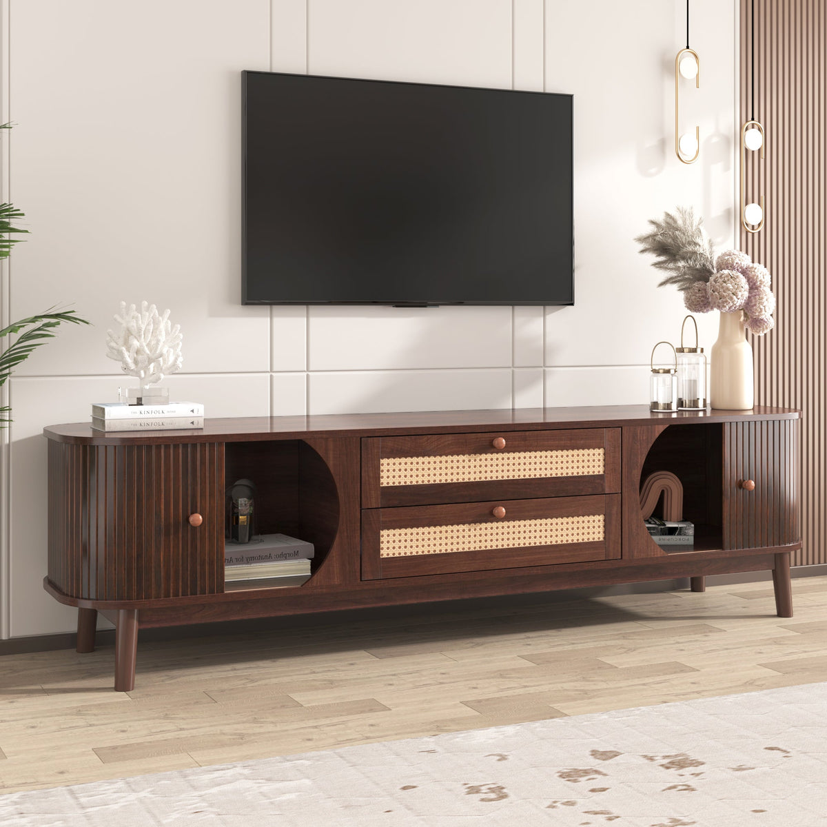 Rattan TV stand, modern farmhouse style, 60-69 inches wide, fits TVs up to 75 inches.