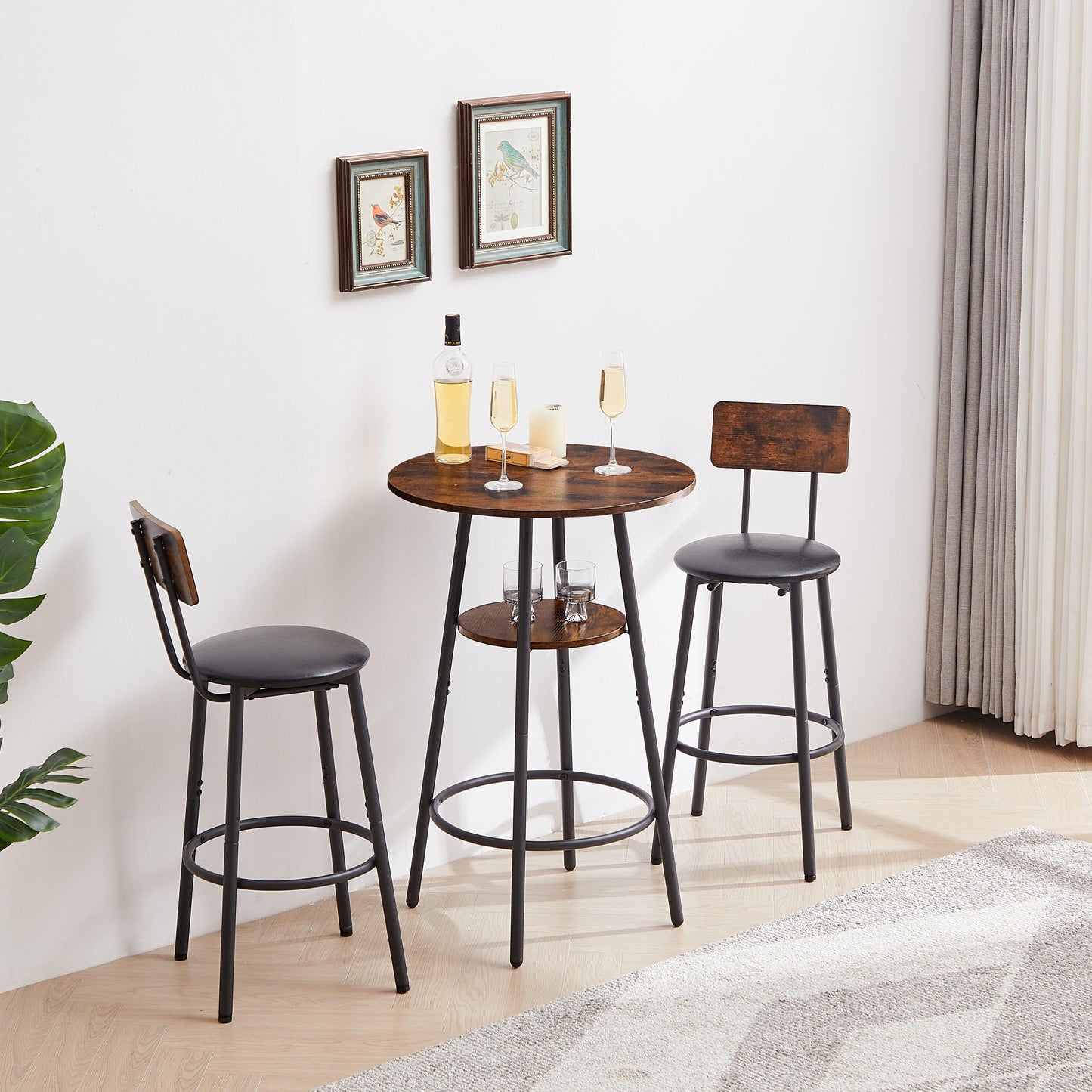 Rustic Brown Upholstered Bar Stool Set with Shelf and Backrest