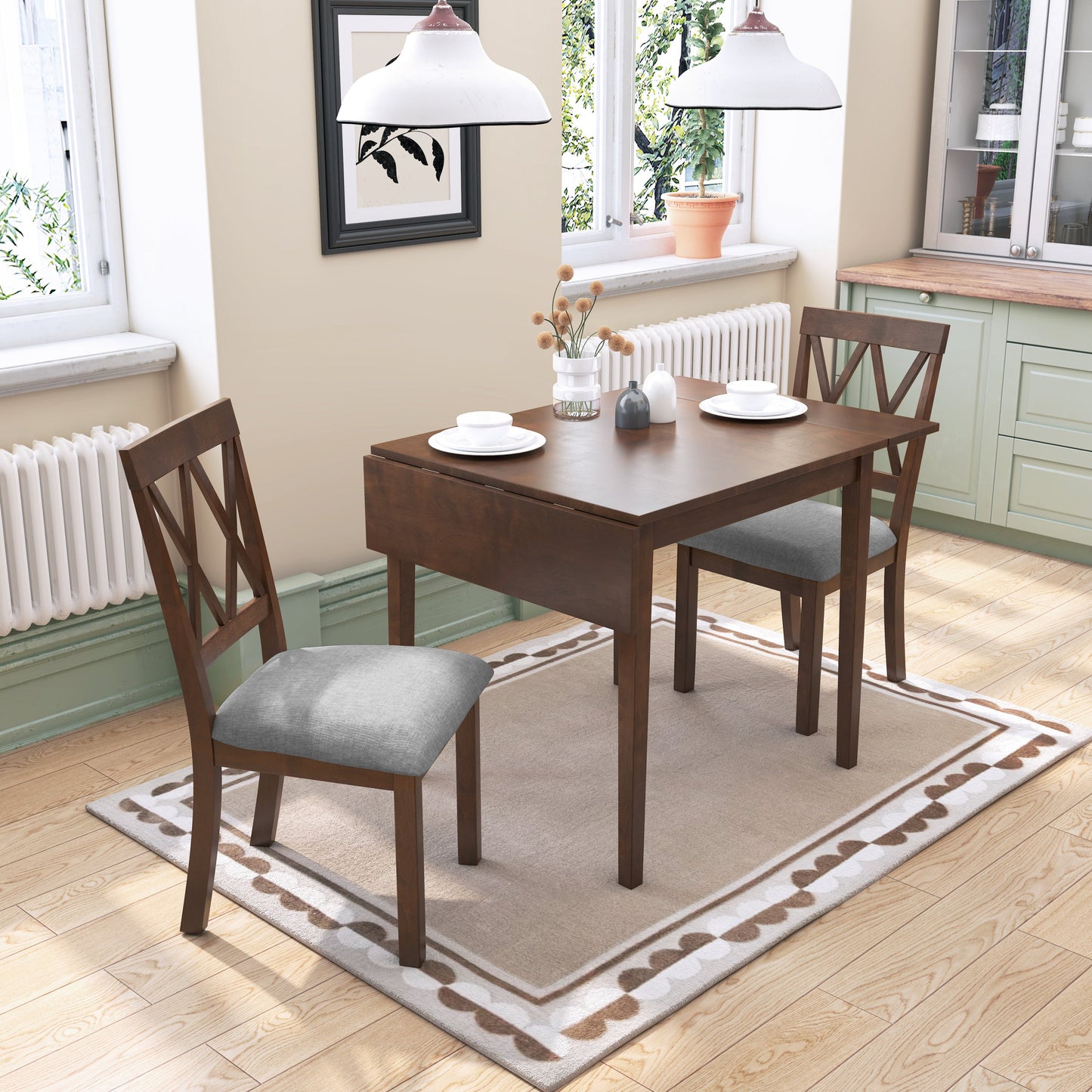 3 Piece Kitchen Dining Set with Drop Leaf Table and 2 Chairs