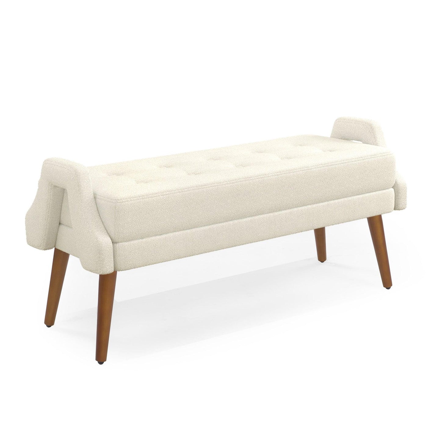 Contemporary Beige Yarn Fabric Bench with Soft Cushion and Unique Geometric Armrests