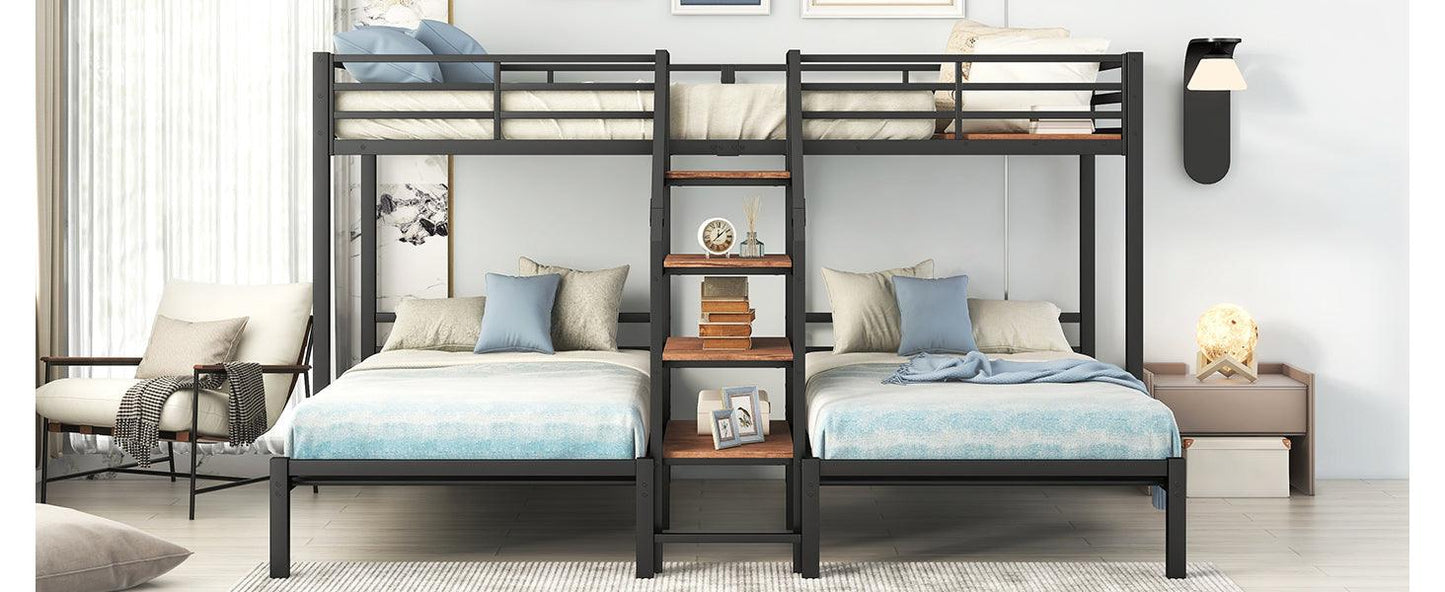 Metal Twin Over Twin & Twin Bunk Bed With Storage Shelves