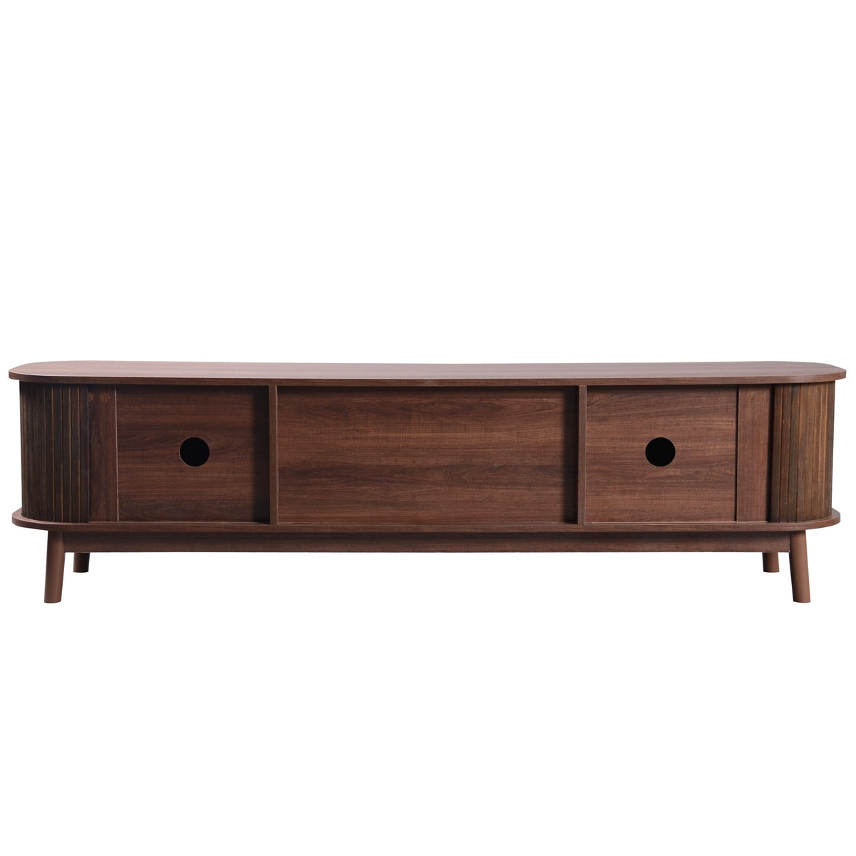 Rattan TV stand with natural wood finish, fits 60-69 inch TVs up to 75 inches.