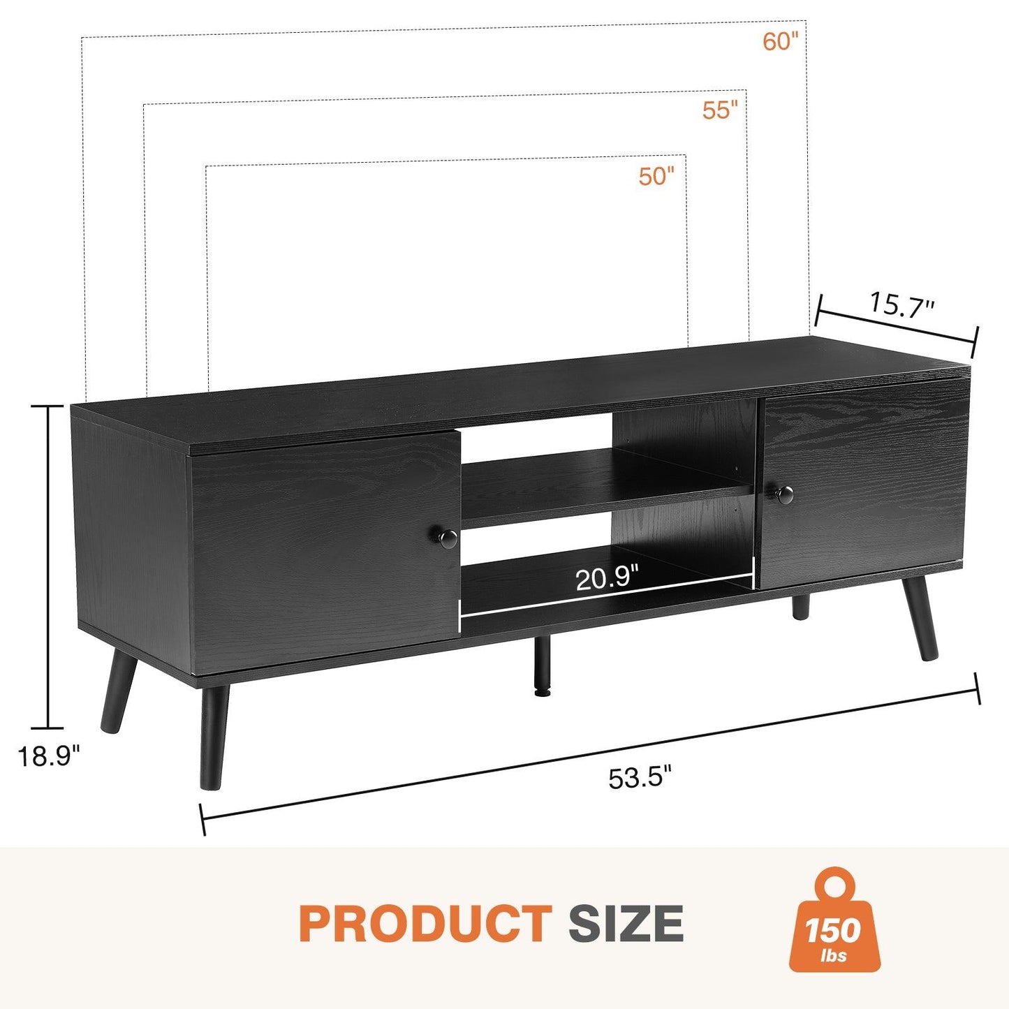 Modern Black TV Media Console for 60" TVs with Adjustable Shelves and Storage Cabinets