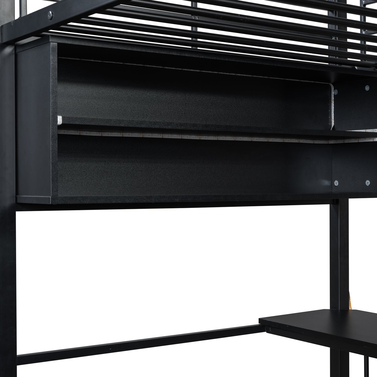 Twin Size Metal Loft Bed with LED, Desk and 4 Storage Shelves, Black