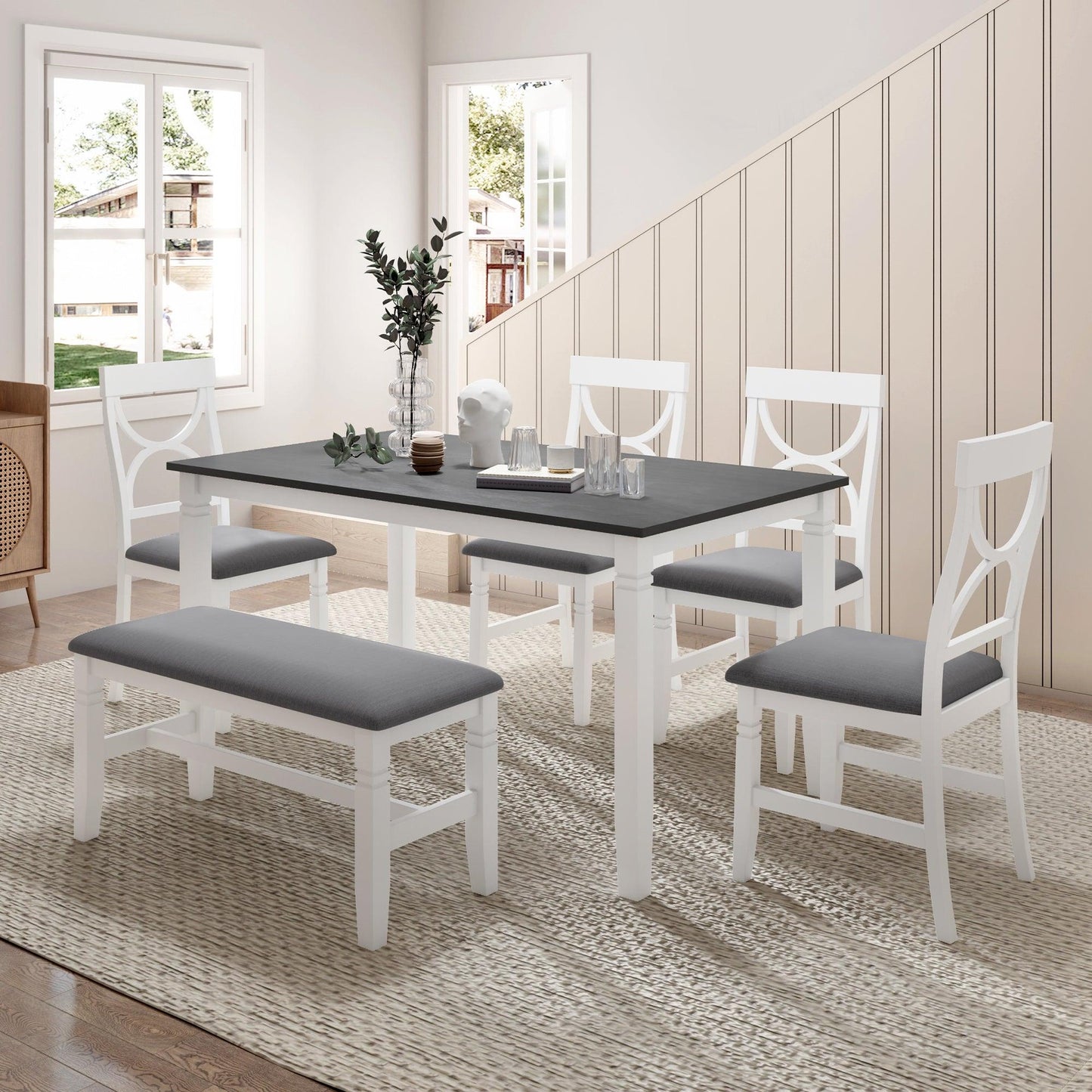 6-Piece Wood Dining Table Set with Bench and Chairs