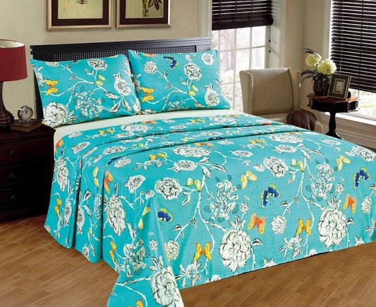Soft And Colorful Cotton Butterfly Floral Flat Sheet Set In Blue And Yellow