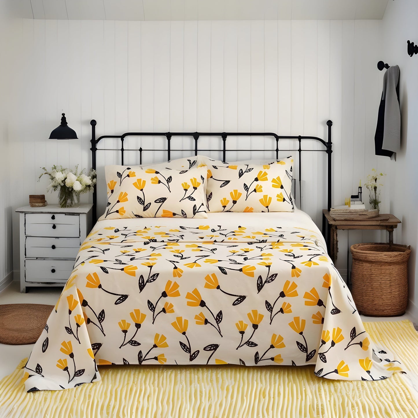 Yellow Fleur Golden Orange Floral Ivory Fitted And Flat Bed Sheets Set