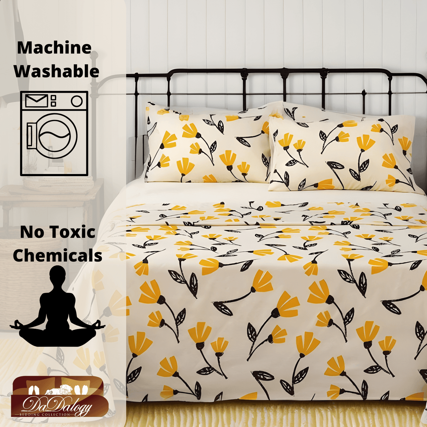 Yellow Fleur Golden Orange Floral Ivory Fitted And Flat Bed Sheets Set