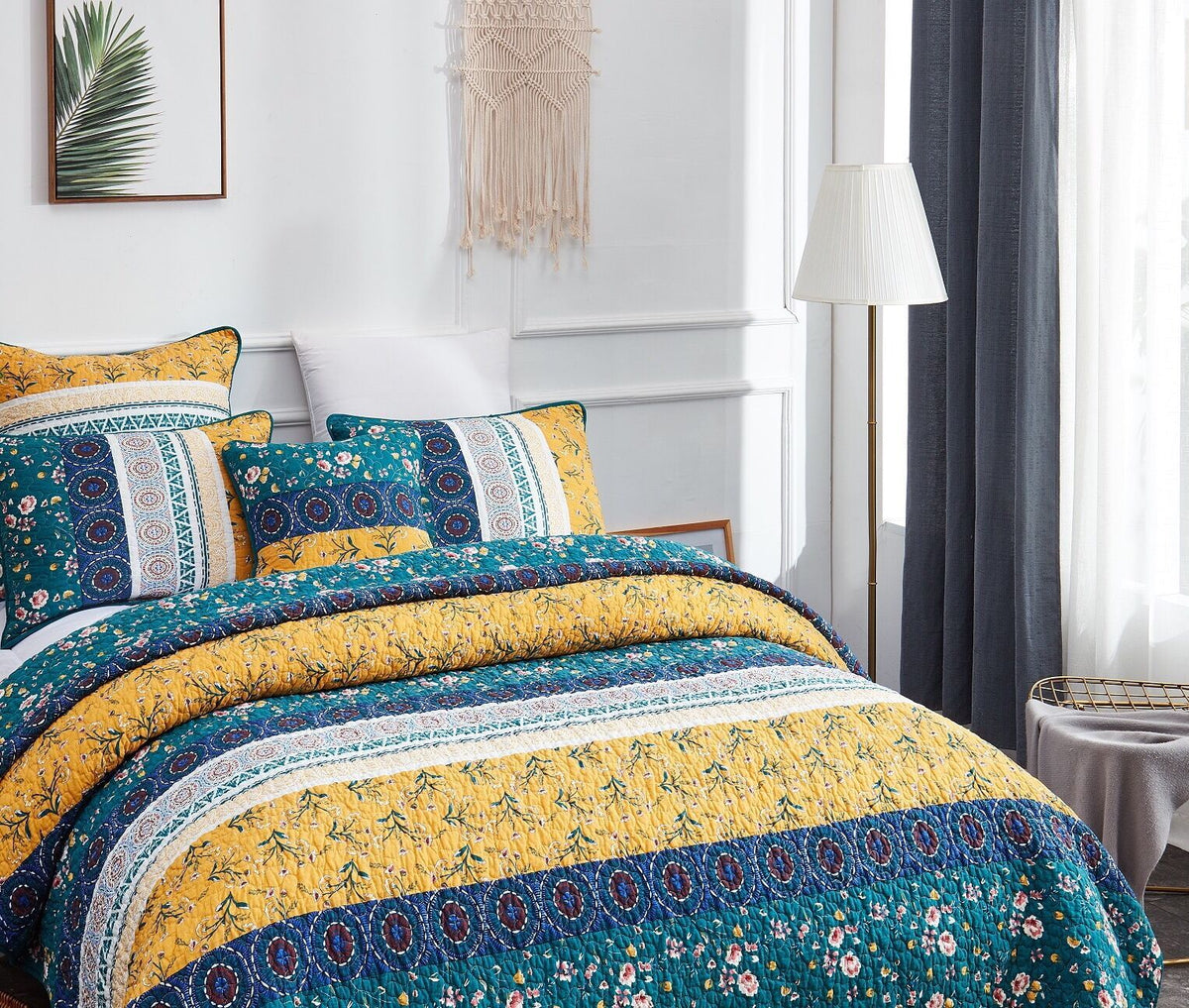 Bohemian patchwork floral gardenia green bedspread set with matching shams.