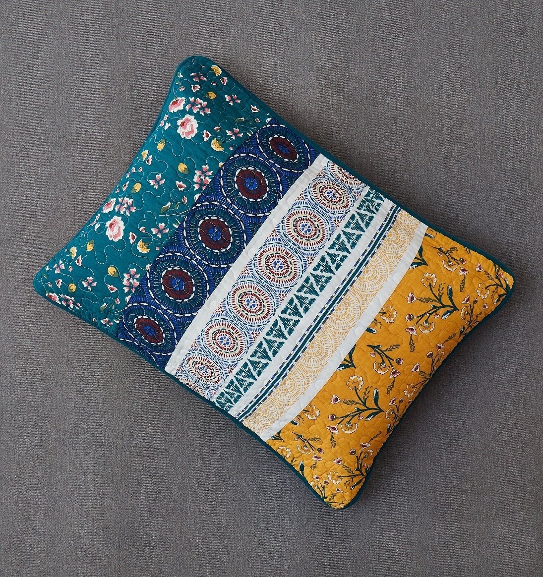 Bohemian patchwork floral gardenia green bedspread set with pillow shams.