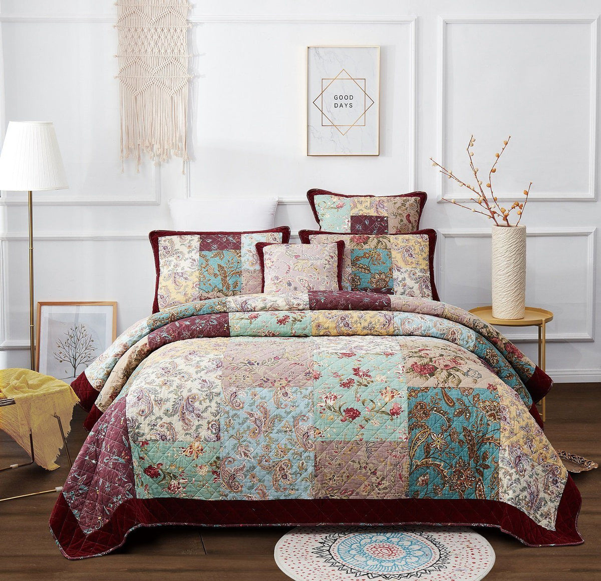 Burgundy velvet trim floral paisley patchwork cotton bedspread set