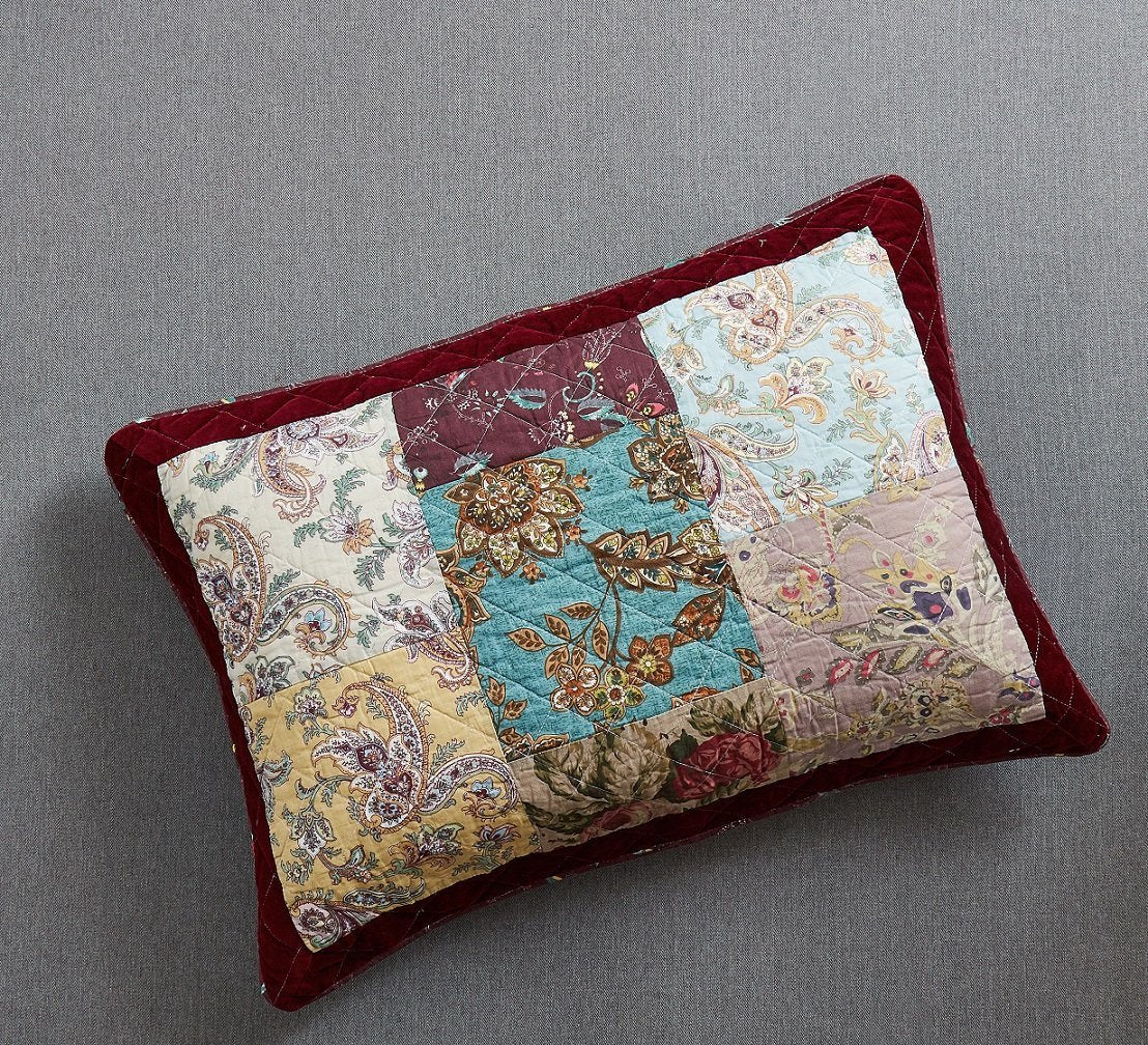 Burgundy red velvet trim floral paisley patchwork cotton bedspread set.