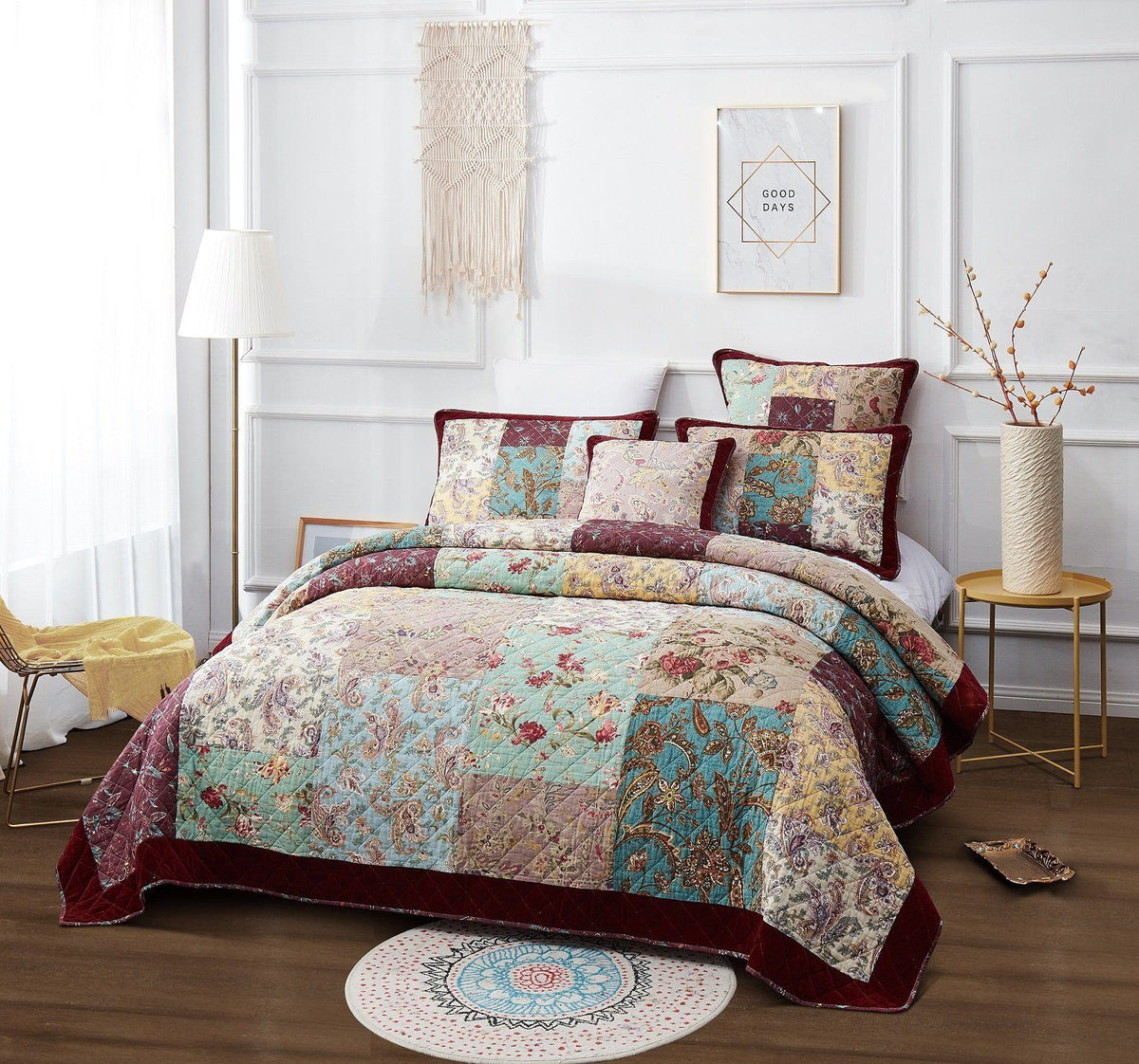 Burgundy velvet trim floral paisley patchwork cotton bedspread set