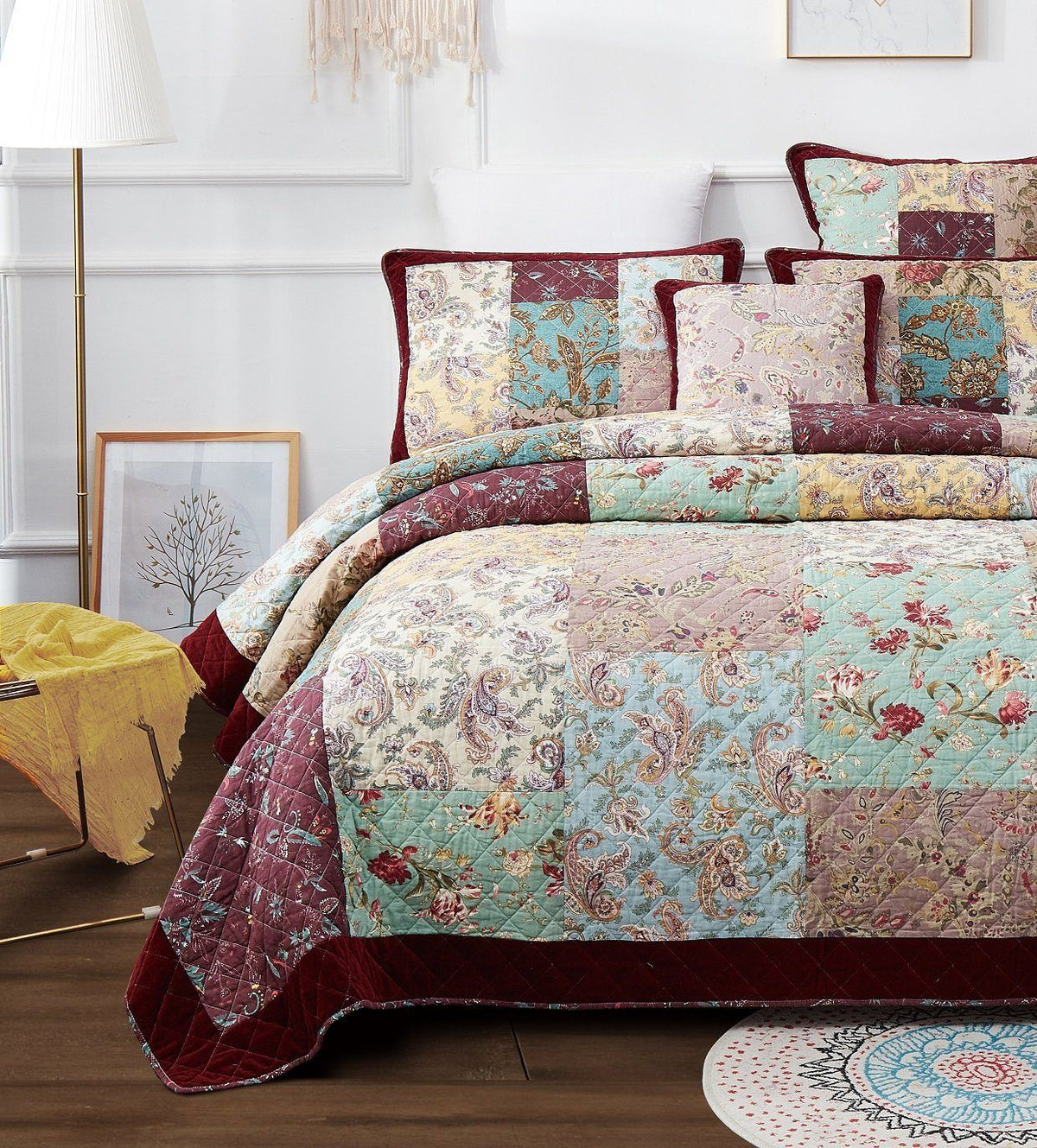 Burgundy velvet trim floral paisley patchwork cotton bedspread set