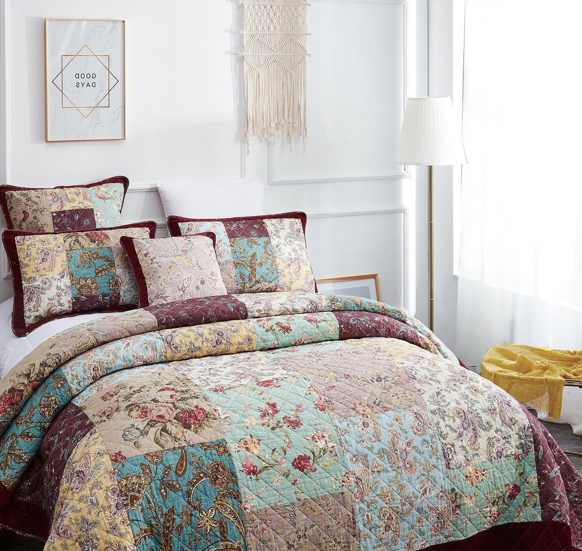Burgundy velvet trim floral paisley patchwork cotton bedspread set