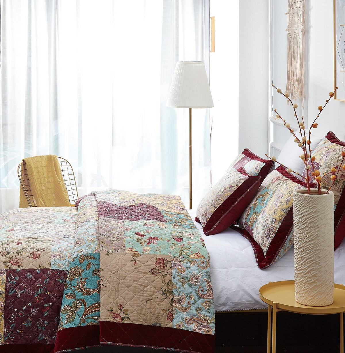 Burgundy floral paisley patchwork velvet trim cotton bedspread set.