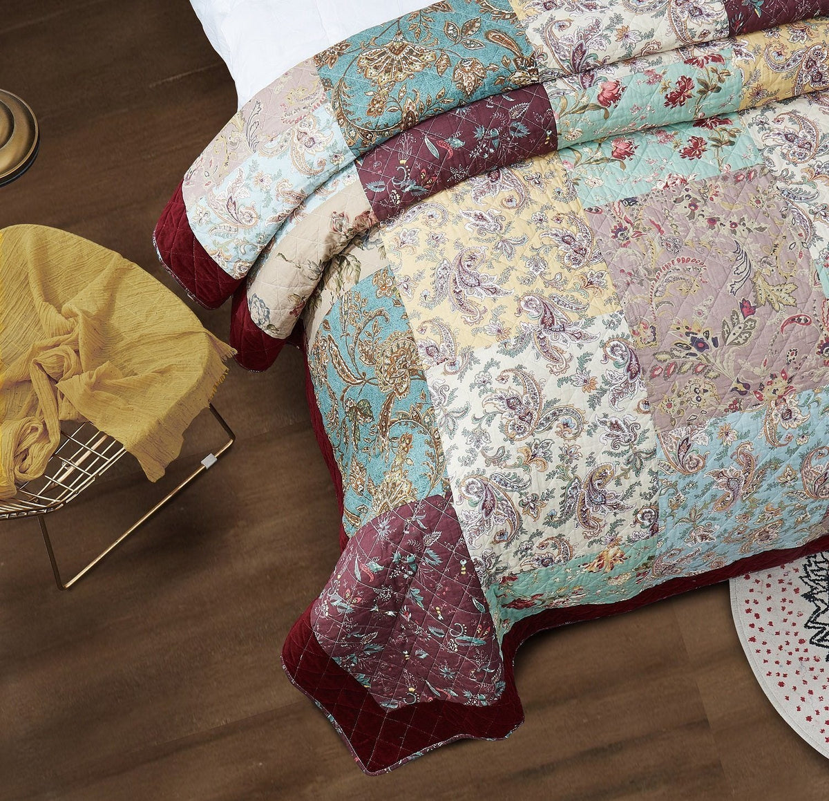 Burgundy velvet trim floral paisley patchwork cotton bedspread set.