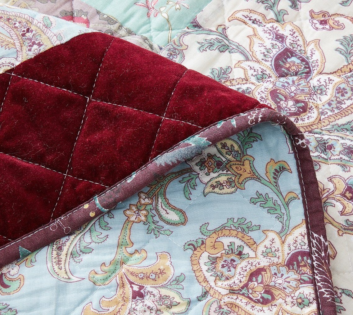 Bohemian burgundy velvet trim floral paisley patchwork cotton bedspread set