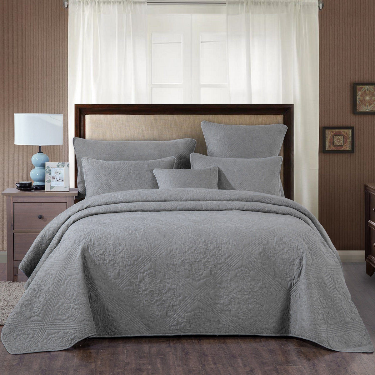Vintage grey floral quilted bedspread set with diamond pattern