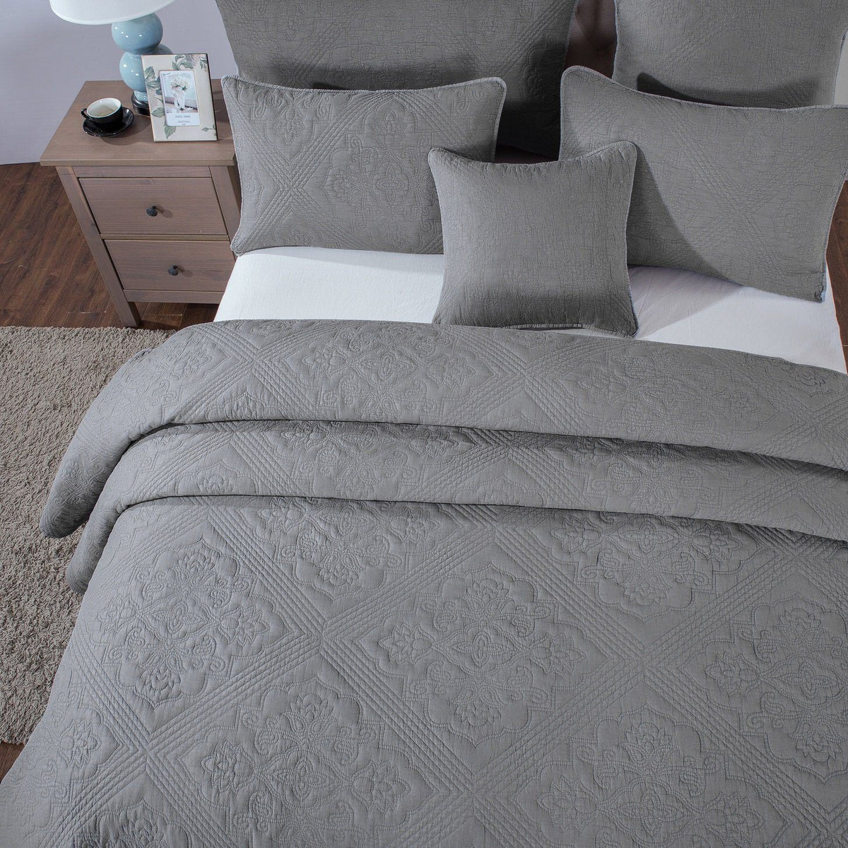 Vintage grey quilted bedspread set with floral and diamond pattern