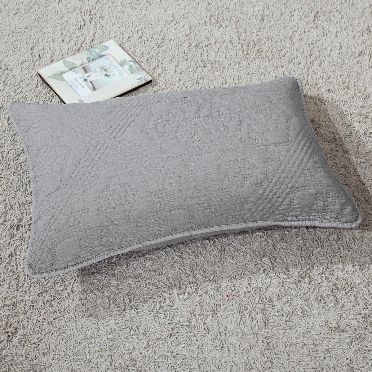 Vintage grey floral quilted bedspread set with diamond pattern