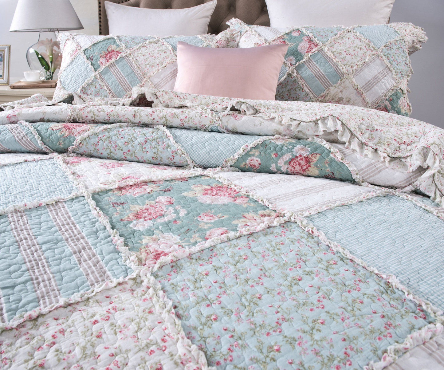 Hint Of Mint Floral Patchwork Ruffle Bedspread