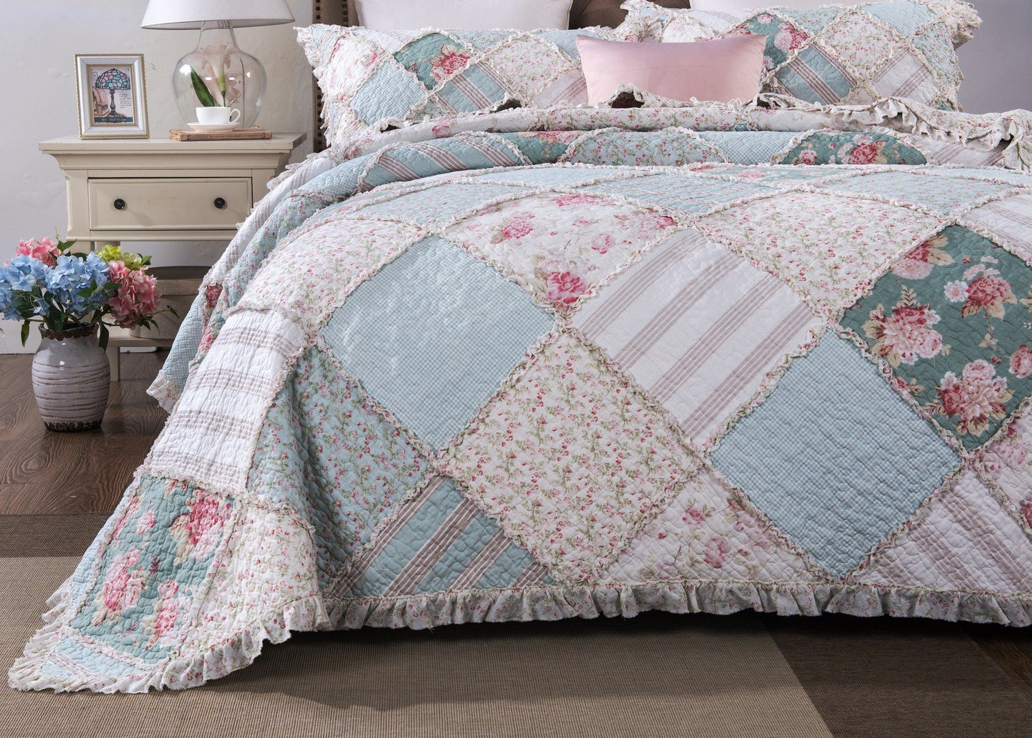Hint Of Mint Floral Patchwork Ruffle Bedspread