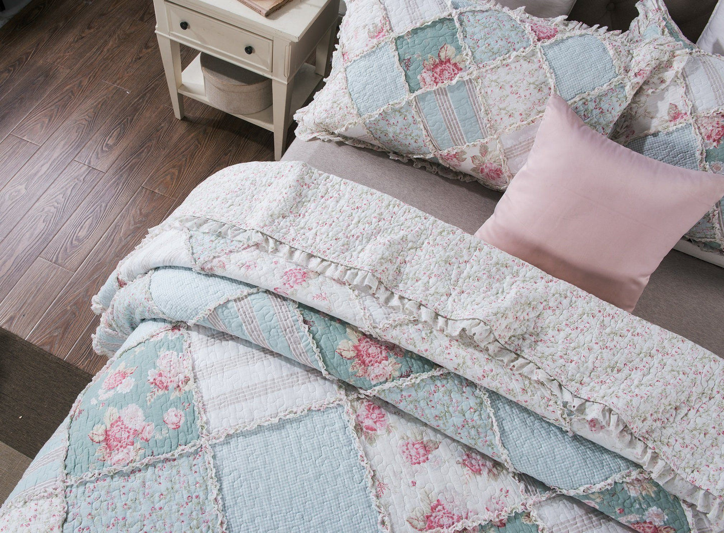 Hint Of Mint Floral Patchwork Ruffle Bedspread