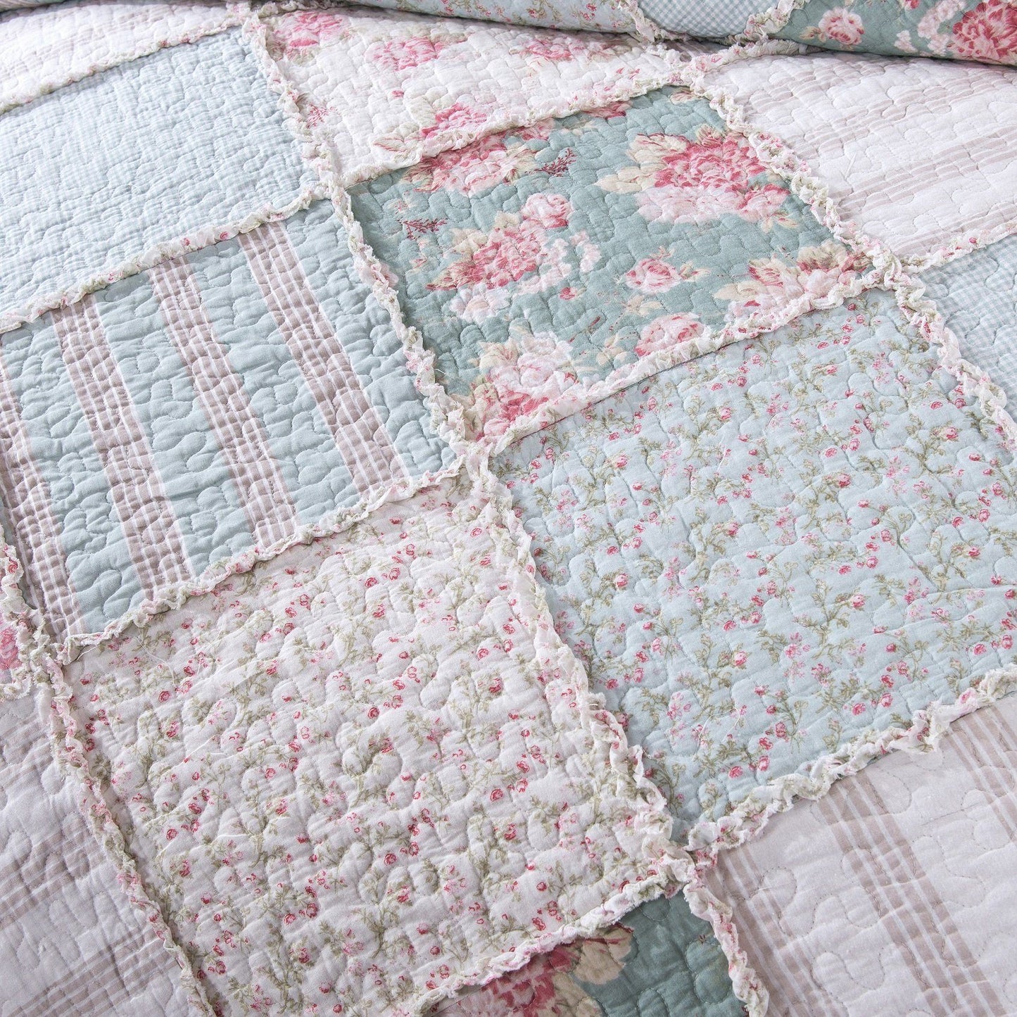 Hint Of Mint Floral Patchwork Ruffle Bedspread