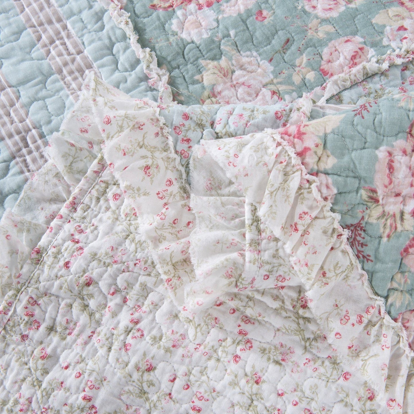 Hint Of Mint Floral Patchwork Ruffle Bedspread