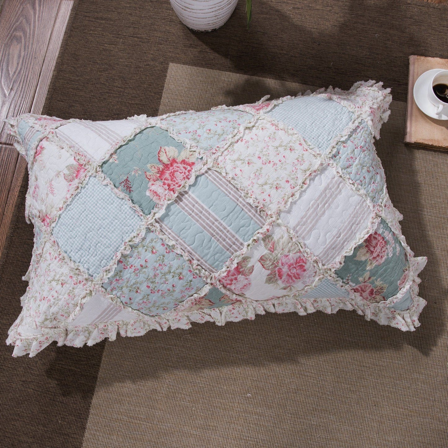 Hint Of Mint Floral Patchwork Ruffle Bedspread
